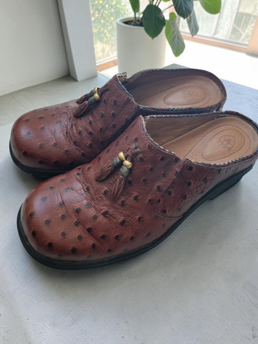 Ariat Ostrich Leather Tassel Clog Mule Western Boho Slip On Low Heel Slides sz 8